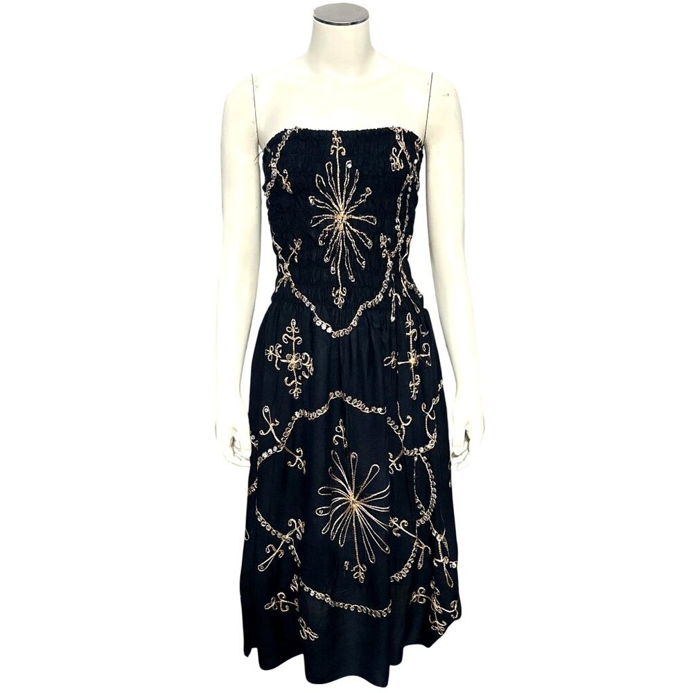 Black Strapless Smocked Embroidered Sequin Midi Dress Gold Scroll Starburst Boho - Picture 2 of 8